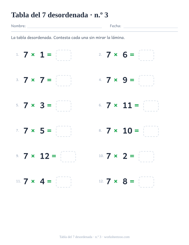 Doce multiplicaciones del 7 desordenadas en dos columnas de seis, numeradas y con casilla vacía (juego 3).