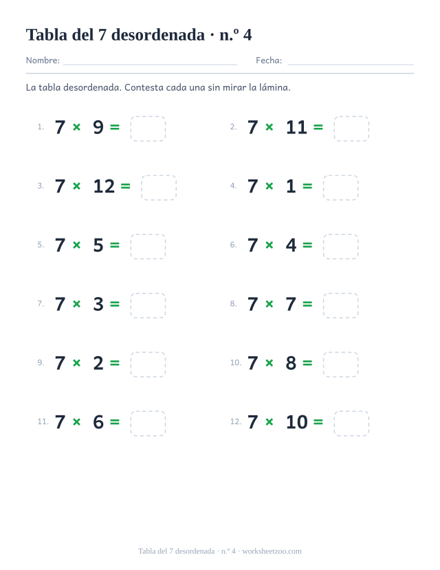 Doce multiplicaciones del 7 desordenadas en dos columnas de seis, numeradas y con casilla vacía (juego 4).