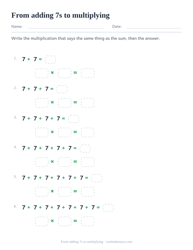 Six rows of repeated additions of 7 with an answer box, and under each an empty multiplication of three boxes.