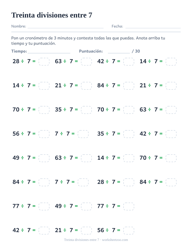 Treinta divisiones de múltiplos de 7 entre 7 en cuatro columnas, con encabezado de tiempo y puntuación.