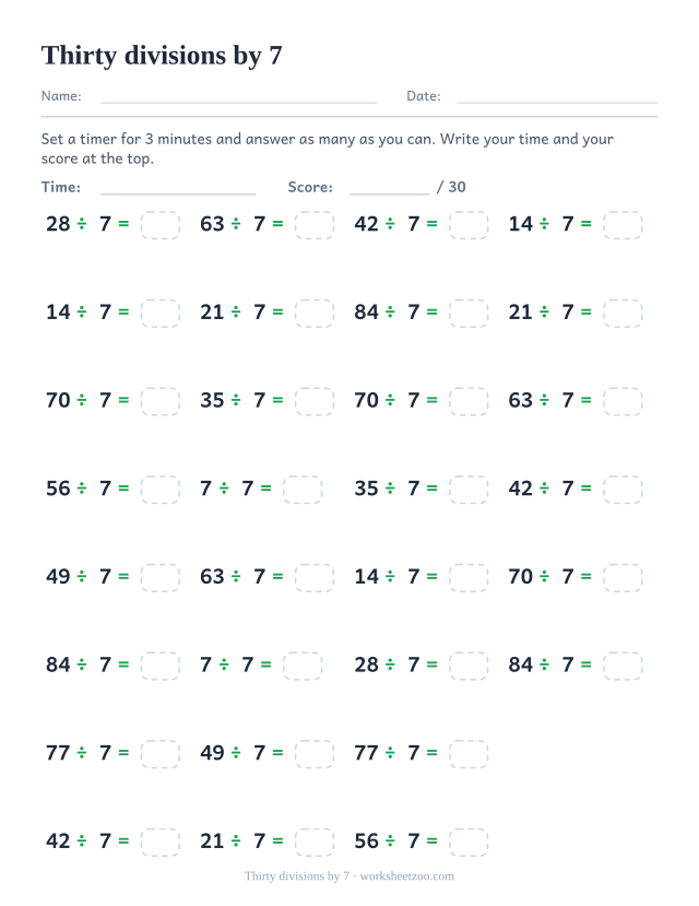 Thirty division equations dividing multiples of 7 by 7, in four columns, with a time and score header.