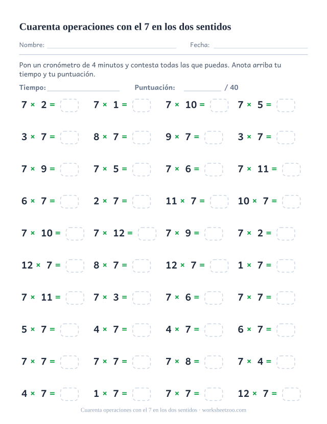 Cuarenta operaciones cronometradas con el 7 como primer factor en unos renglones y como segundo en otros, en cuatro columnas.
