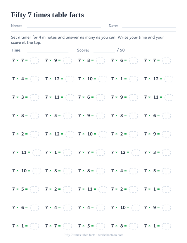 Fifty 7 times table equations in five columns of ten with a time and score header.