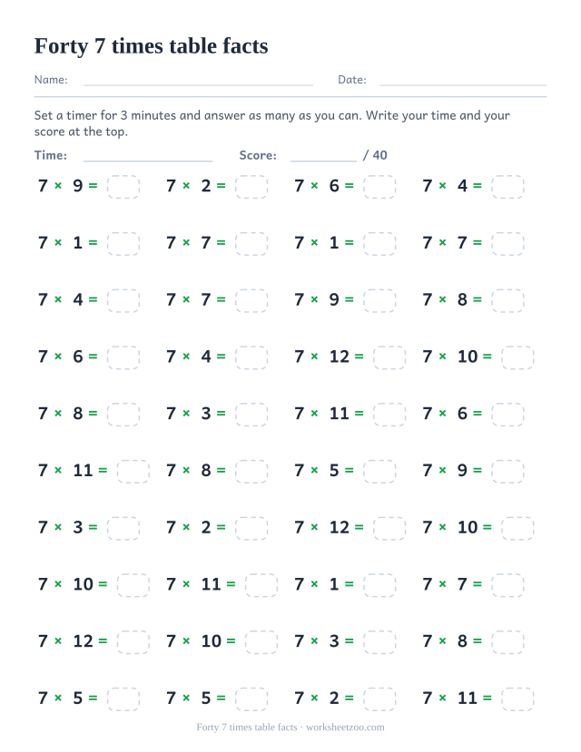 Forty 7 times table equations in four columns of ten, each with a small answer box.