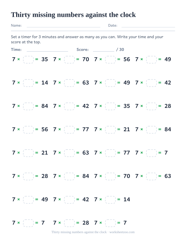 Thirty timed items shaped 7 times an empty box equals a printed product, laid out in four columns.