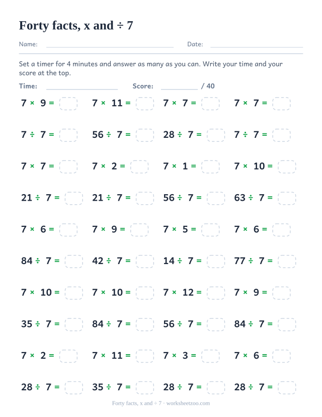 Forty timed items alternating 7 times facts and divisions by 7 down four columns.