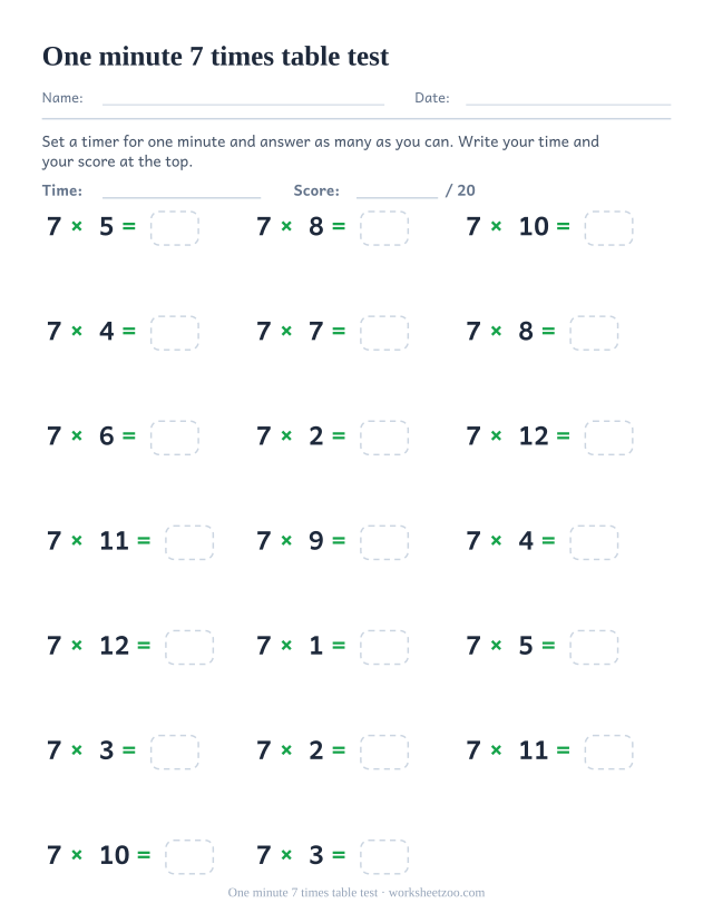 Twenty large 7 times table facts in three columns, above a Time line and a score out of twenty.