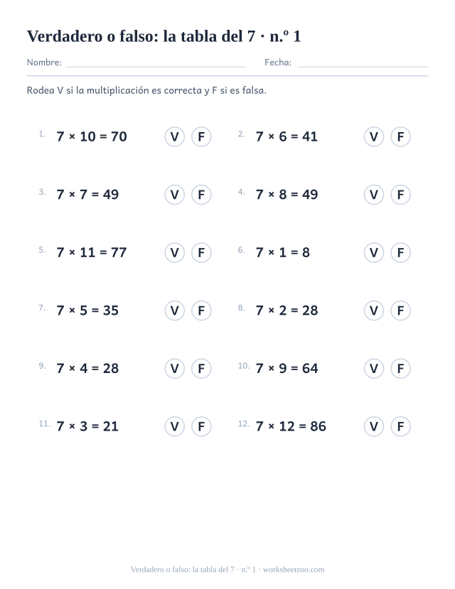 Doce multiplicaciones del 7 ya resueltas, cada una con un círculo V y un círculo F para rodear (juego 1).