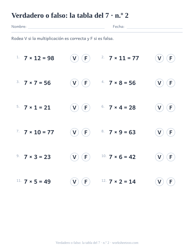 Doce multiplicaciones del 7 ya resueltas, cada una con un círculo V y un círculo F para rodear (juego 2).