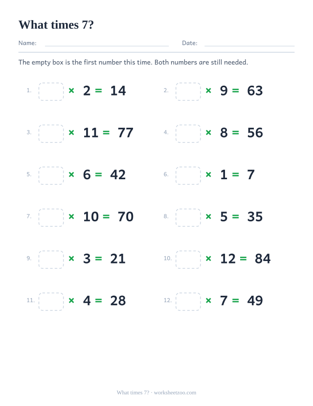 Twelve equations beginning with an empty box, then x 7 and a printed answer, in two columns.