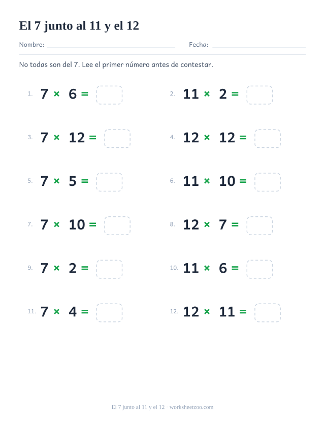 Doce operaciones que mezclan las tablas del 7, del 11 y del 12, varias con resultados de tres cifras, todas con casilla vacía.