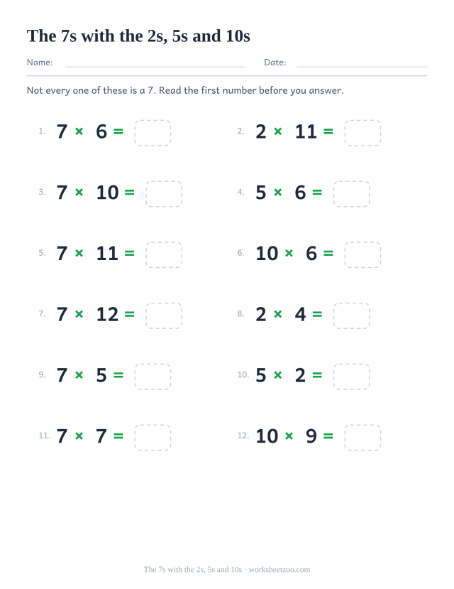 Twelve equations alternating between the 7 times table and the 2, 5 and 10 tables, each with an empty answer box.