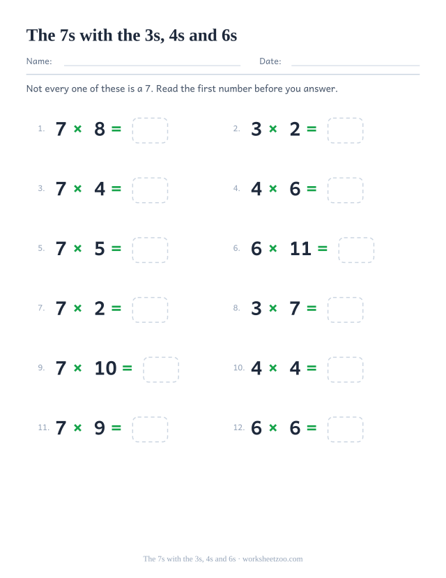 Twelve mixed equations drawn from the 7, 3, 4 and 6 times tables in two columns of six.