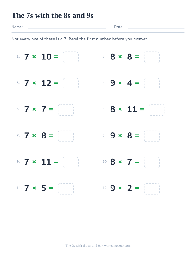 Twelve equations mixing the 7, 8 and 9 times tables, numbered, each ending in an empty box.
