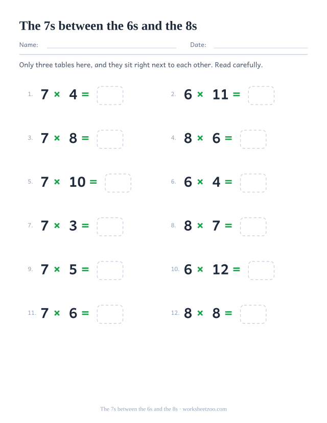 Twelve equations using only the 6, 7 and 8 times tables, in two columns of six with empty answer boxes.