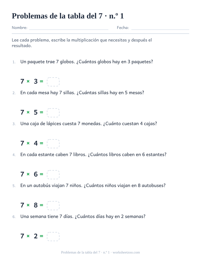 Seis problemas numerados sobre grupos iguales de 7, cada uno seguido de una multiplicación impresa con casilla vacía.