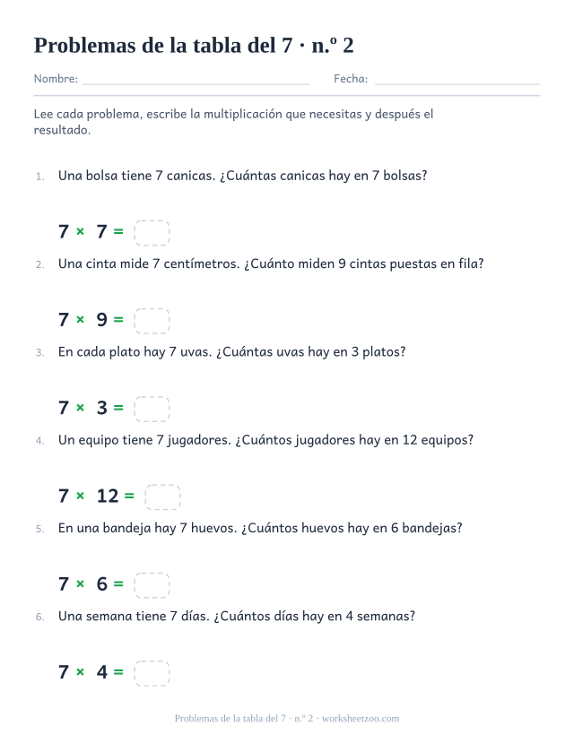 Seis problemas numerados con grupos grandes de 7, cada uno con una multiplicación y una casilla vacía debajo.