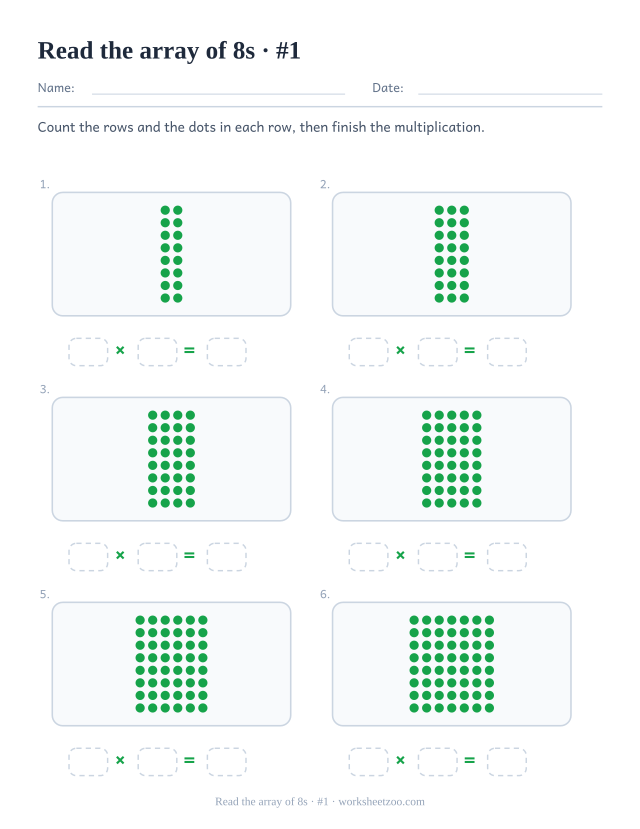 Six rectangles of green dots, each 8 rows deep, above three empty boxes forming a multiplication (set 1).