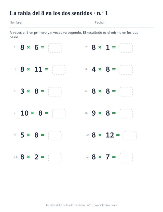 Doce operaciones en las que el 8 unas veces va delante y otras detrás, todas con casilla vacía (juego 1).