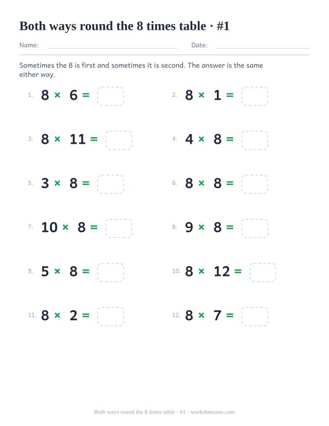 Twelve equations where 8 appears first in some and second in others, each with an empty answer box (set 1).