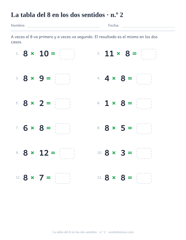 Doce operaciones en las que el 8 unas veces va delante y otras detrás, todas con casilla vacía (juego 2).