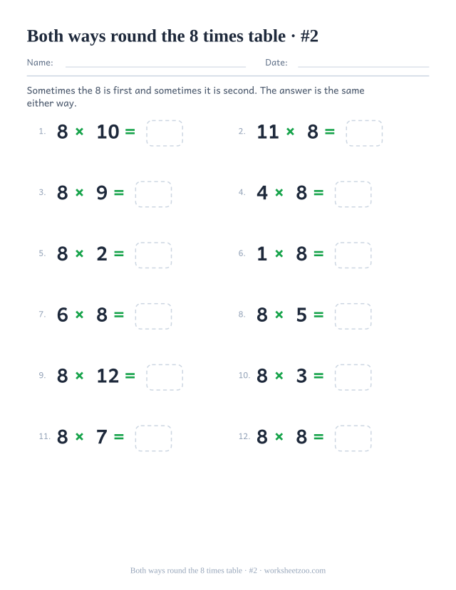 Twelve equations where 8 appears first in some and second in others, each with an empty answer box (set 2).
