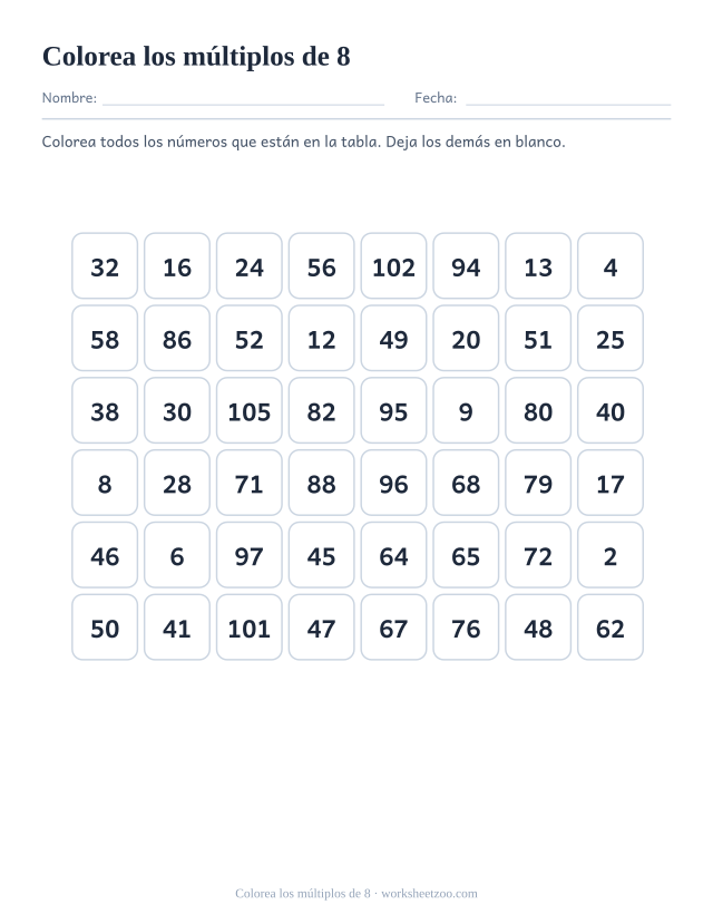 Cuadrícula de cuarenta y ocho números en ocho columnas, de los que doce son múltiplos de 8 y hay que colorear.