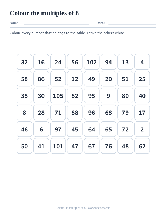 Grid of forty-eight numbers in eight columns, twelve of which are multiples of 8 to be coloured in.