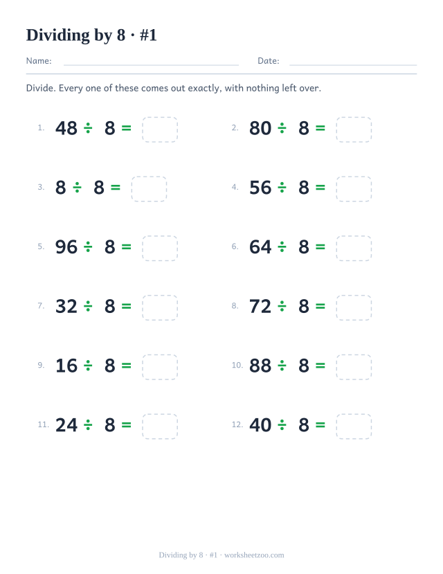 Twelve division equations, each a multiple of 8 divided by 8, ending in an empty answer box (set 1).