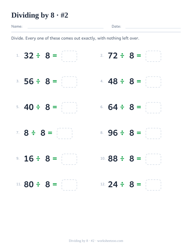 Twelve division equations, each a multiple of 8 divided by 8, ending in an empty answer box (set 2).