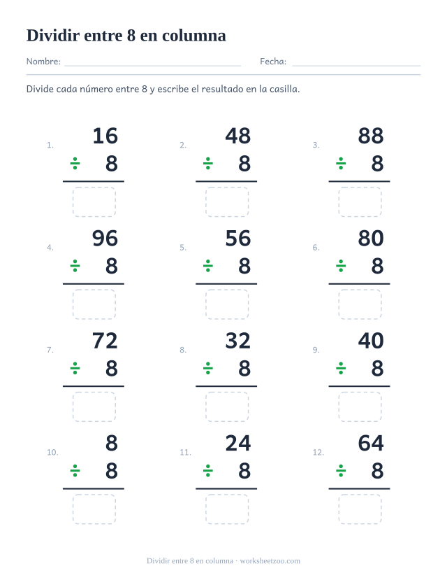 Doce divisiones en vertical en una cuadrícula de tres por cuatro, con un múltiplo de 8 sobre 8 y una casilla bajo la raya.