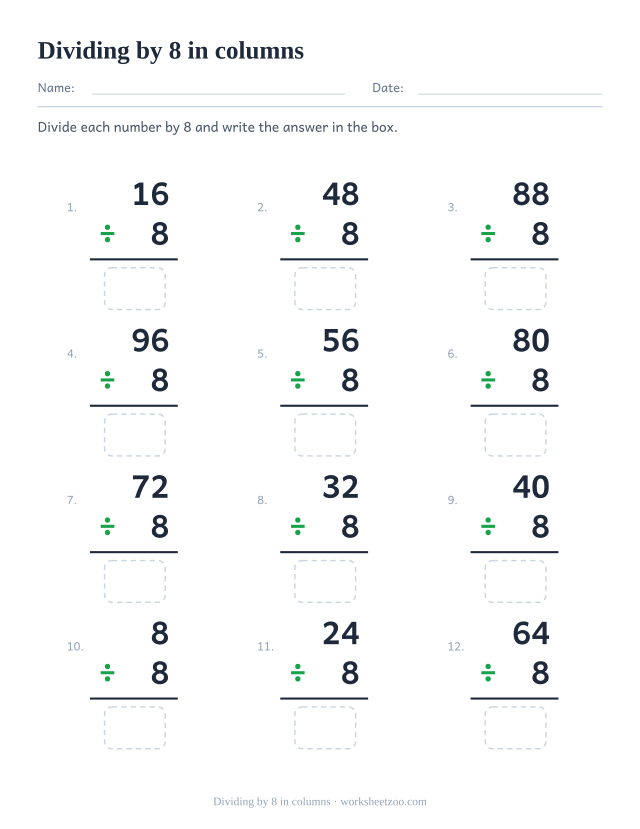 Twelve vertical divisions in a three by four grid, each a multiple of 8 over 8, with an answer box under the rule.