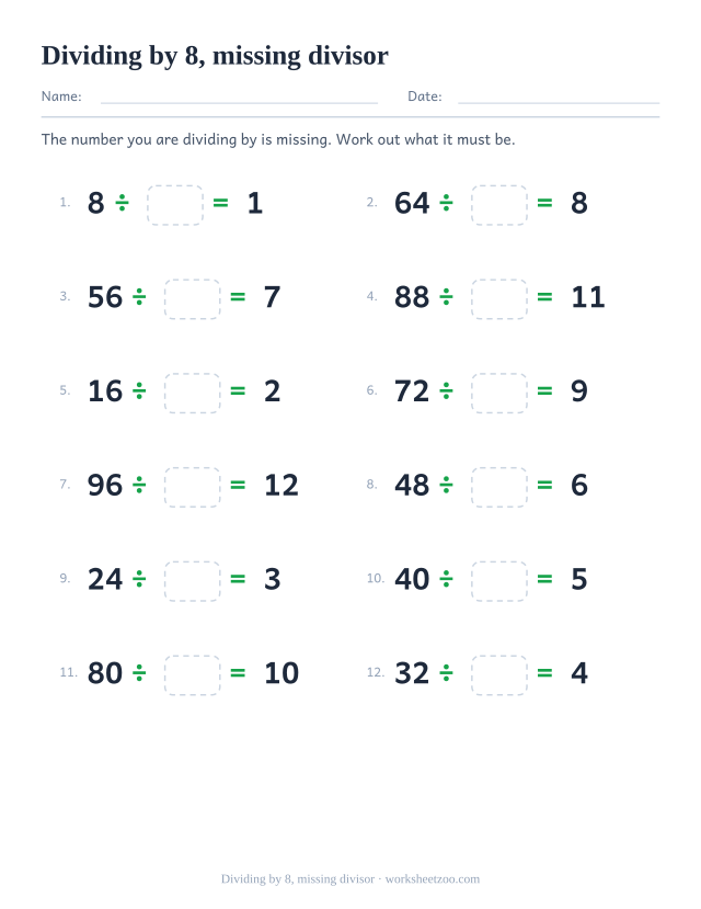 Twelve divisions with an empty box where the divisor should be, between a printed multiple of 8 and a printed answer.