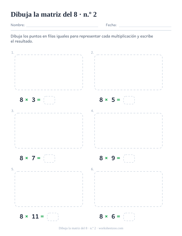Seis recuadros punteados vacíos, cada uno con una multiplicación del 8 y una casilla, listos para dibujar los puntos (juego 2).