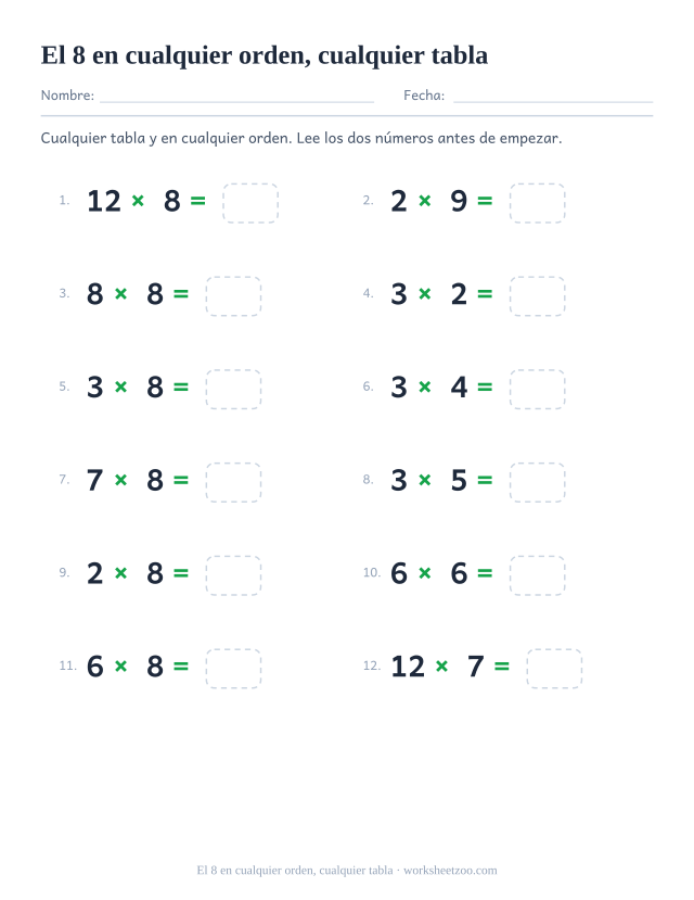 Doce operaciones de tablas mezcladas, entre ellas la del 8, con los factores en cualquier orden, numeradas en dos columnas y con casilla vacía.
