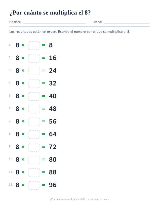 Doce renglones con 8 x casilla = resultado impreso, en orden de 8 hasta 96.