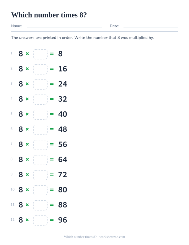 Twelve rows reading 8 x box = printed product, in order from 8 to 96.