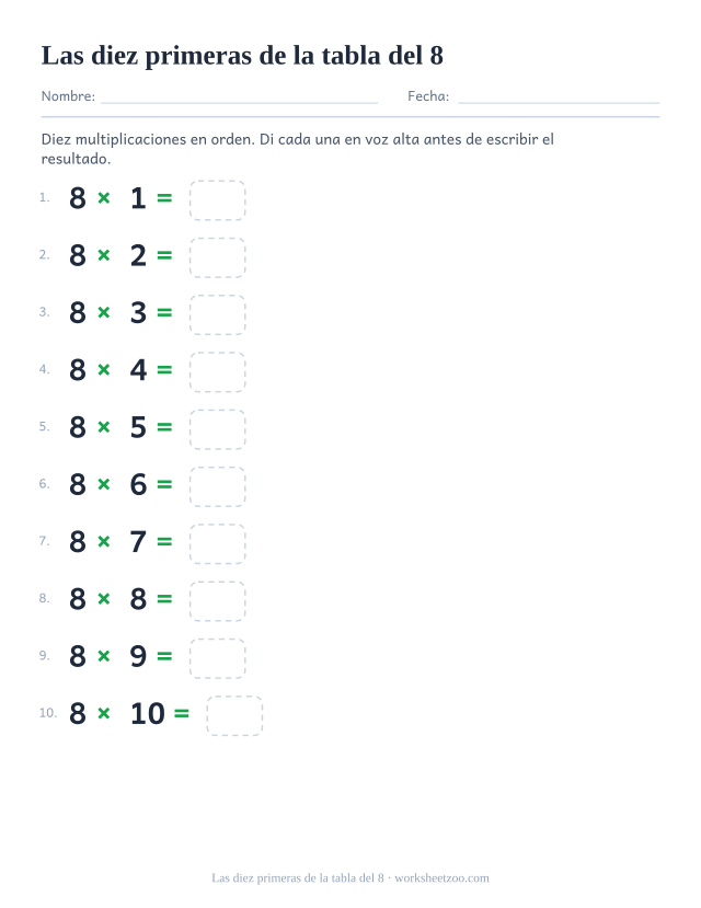 Diez operaciones numeradas de 8 x 1 a 8 x 10 muy separadas, cada una con su casilla.