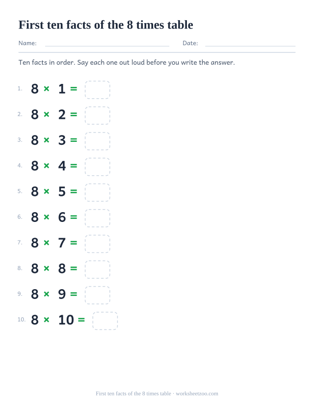 Ten numbered equations from 8 x 1 to 8 x 10 with wide spacing and one answer box each.