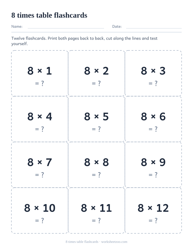Twelve dashed cut-out cards, three across and four down, each showing one fact of the 8 times table with a question mark.