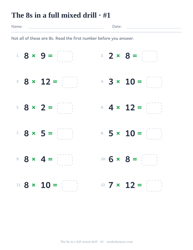 Twelve equations drawn from every table between 2 and 12, half of them 8 times something, all with empty boxes.
