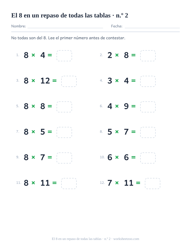 Una segunda hoja de doce operaciones de tablas mezcladas con la del 8, numeradas en dos columnas.