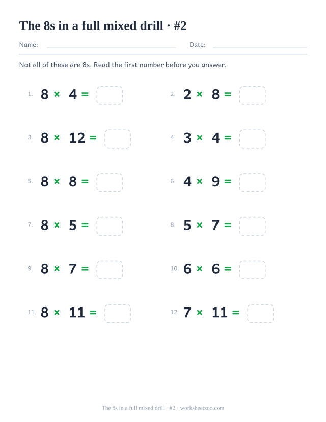 A second page of twelve mixed-table equations including the 8 times table, numbered in two columns.