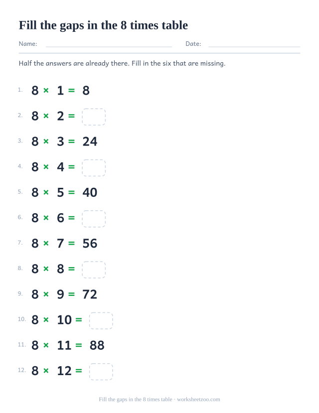 The 8 times table in order with the odd-numbered answers printed and the even ones left as empty boxes.