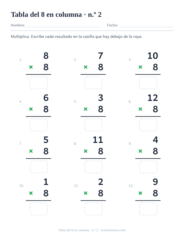 Doce multiplicaciones en vertical con el 8 como factor de abajo, una raya y una casilla vacía debajo (juego 2).