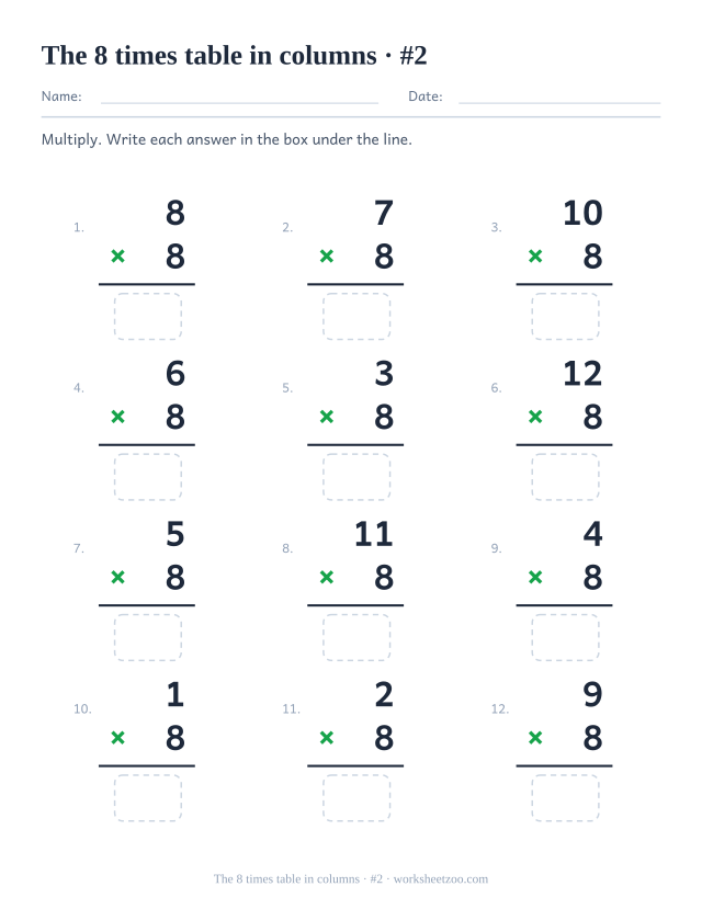Twelve vertical multiplications with 8 as the lower factor, a rule under each and an empty answer box below (set 2).