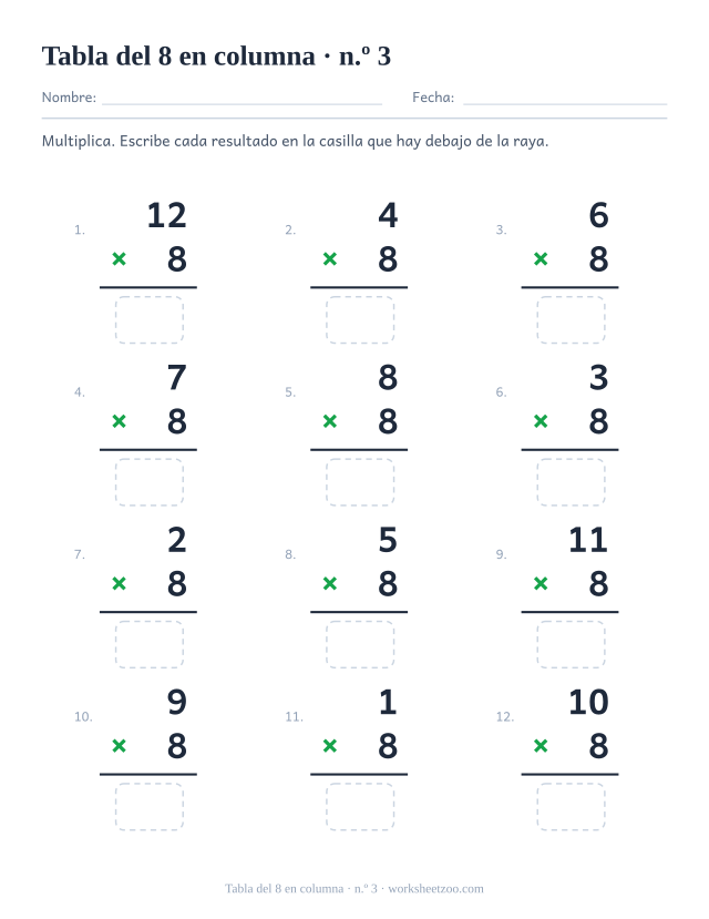 Doce multiplicaciones en vertical con el 8 como factor de abajo, una raya y una casilla vacía debajo (juego 3).