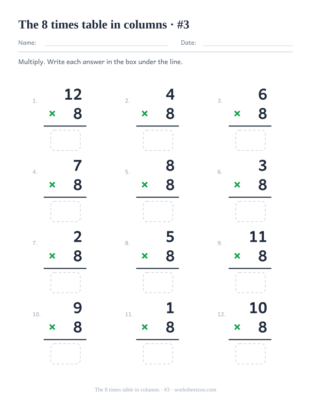 Twelve vertical multiplications with 8 as the lower factor, a rule under each and an empty answer box below (set 3).