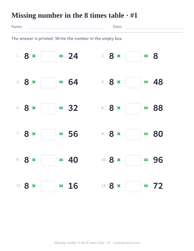 Twelve equations reading 8 x empty box = a printed product, in two columns of six (set 1).