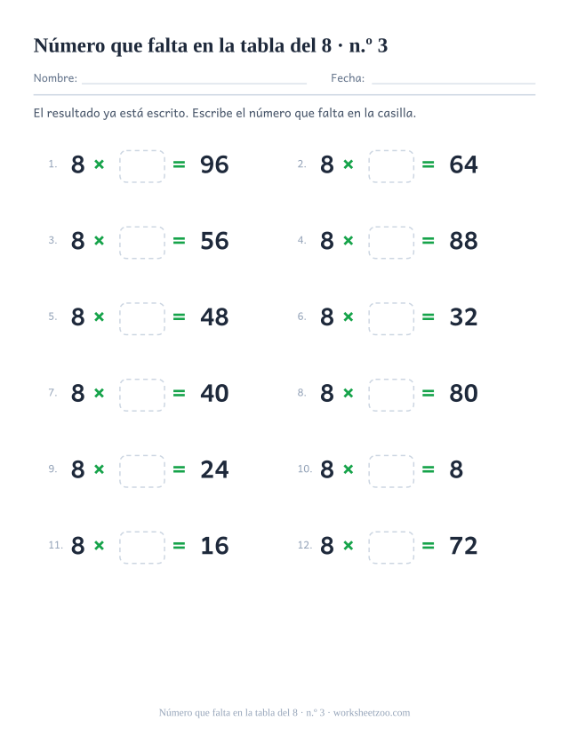 Doce operaciones con 8 x casilla vacía = resultado impreso, en dos columnas de seis (juego 3).